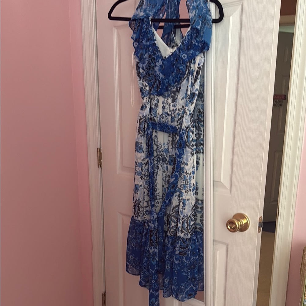 Eliza J Blue and White Sleeveless Halter Maxi Sundress